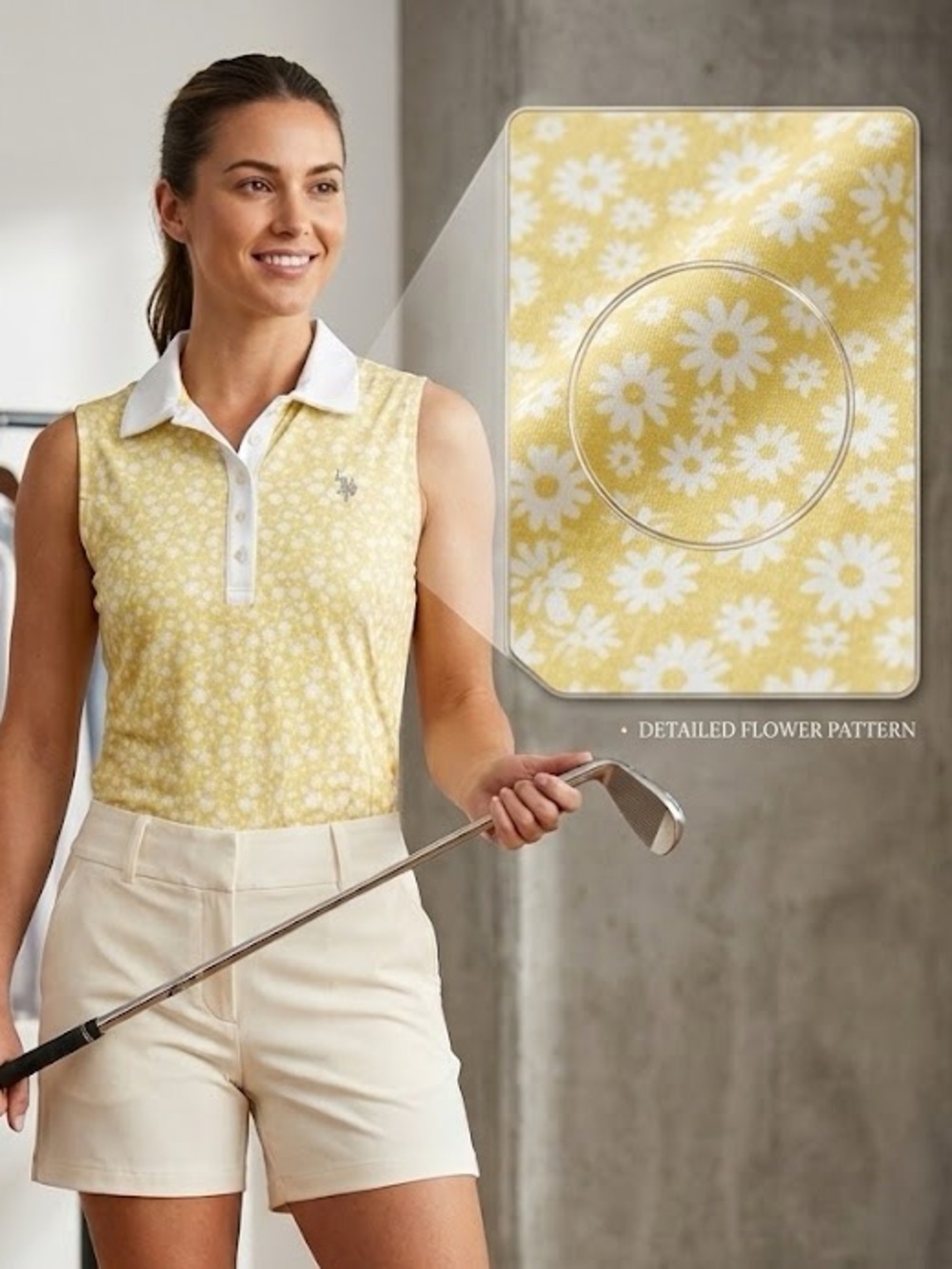 NWT U.S. Polo Assn. Yellow Floral Sleeveless Polo with White Contrast Collar
